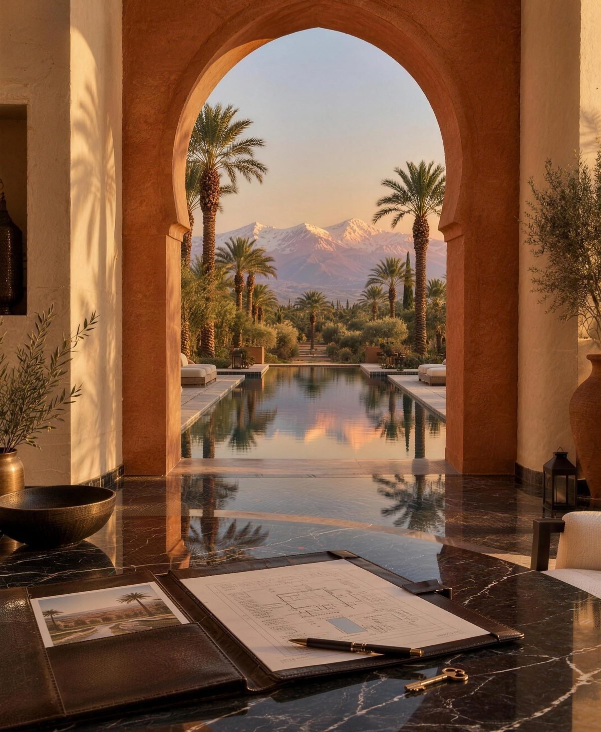A terracotta Moroccan arch opening onto a reflecting pool, palm trees and the snow-capped Atlas at sunset, above a black marble table with plans and a brass key