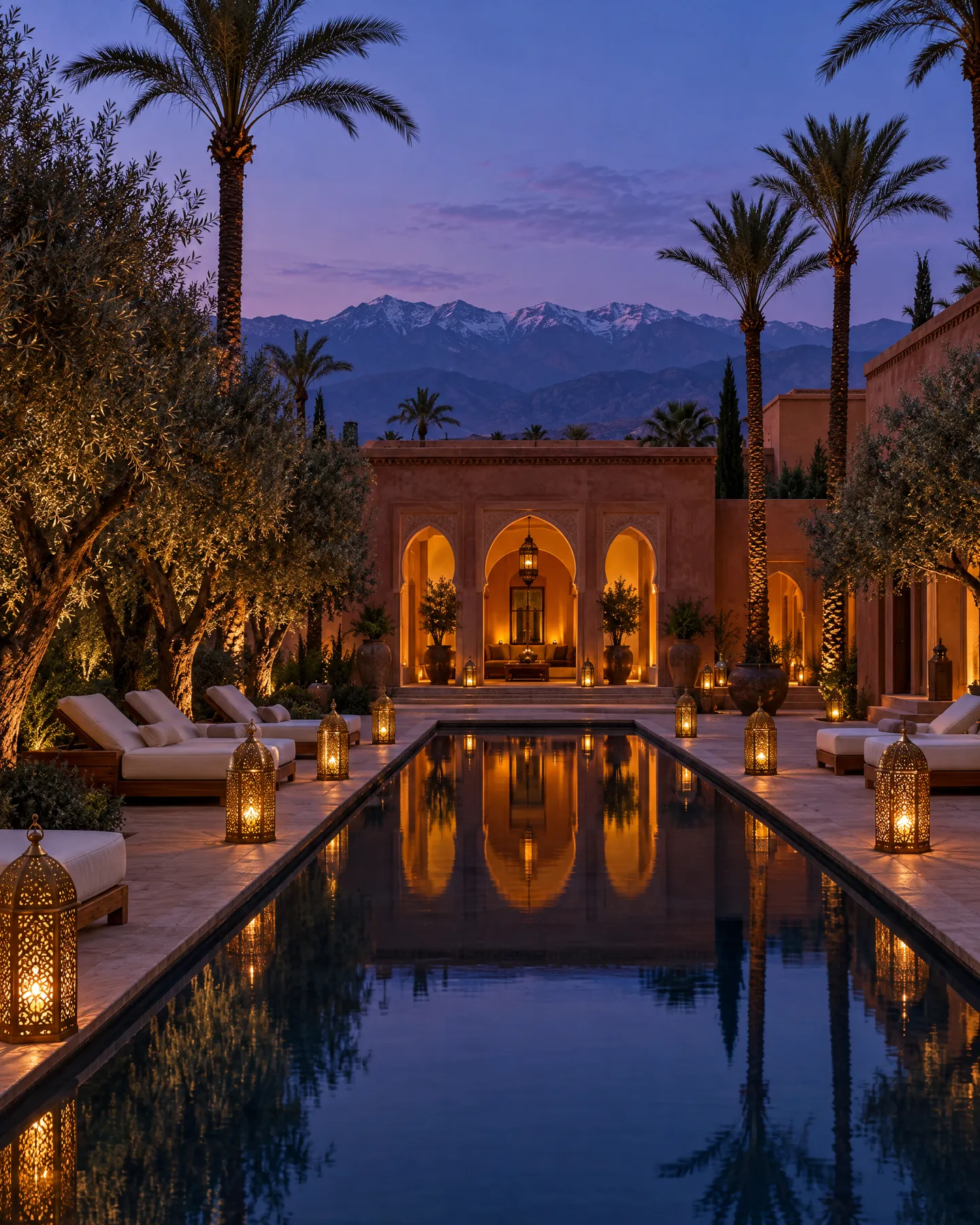 Lantern-lit pool of a Marrakech villa at dusk, palm trees and the Atlas behind